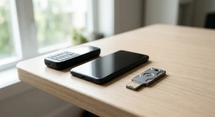 A comparison of authentication methods featuring a basic phone, a smartphone, and a hardware security key on a wooden desk.