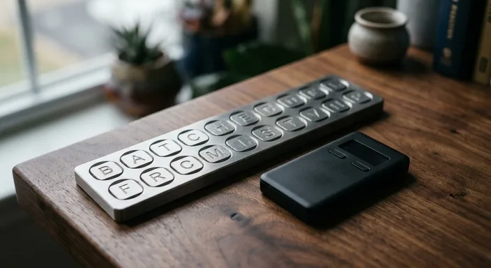 A close-up of a stainless steel seed phrase storage plate and a matte black hardware wallet resting on a wooden surface with soft natural lighting.