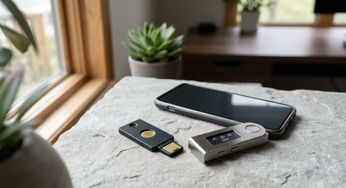 A security key, a smartphone, and a hardware crypto wallet arranged on a grey surface under soft natural light.