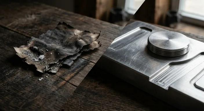 A split screen comparison showing a fragile burnt piece of paper next to a durable, pristine stainless steel seed storage plate on a wooden surface.