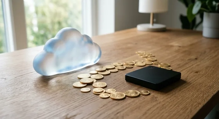 A visual comparison of a glowing glass cloud and a sleek hardware wallet on an oak desk with gold coins.