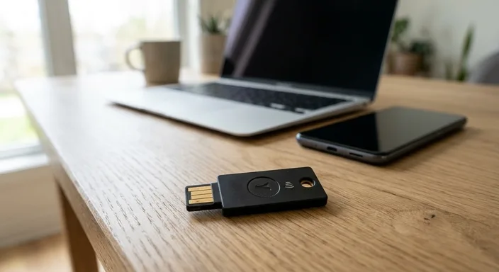 Close-up of a YubiKey 5C NFC security key placed next to a modern smartphone and laptop on a wooden desk.