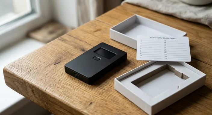 A sleek hardware crypto wallet sits on a wooden desk next to its packaging and a blank recovery seed card.