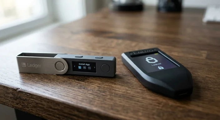 A side-by-side comparison of a Ledger Nano and a Trezor Model T hardware wallet on a wooden surface.