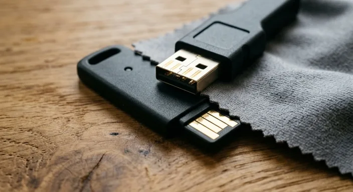 Close-up of a microfiber cloth cleaning the gold contacts on USB-A and USB-C security keys.